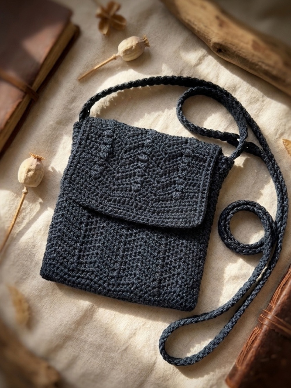 Crocheted Navy Blue Crossbody Bag